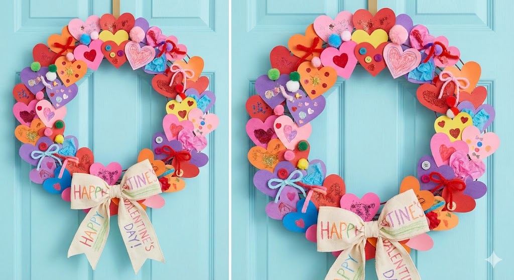 Fun Valentine wreath made with paper hearts