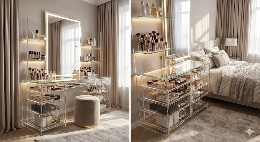 16 Gorgeous Makeup Vanity Ideas for Stylish & Organized Beauty Spaces 9 Glam Glass and Acrylic Vanity