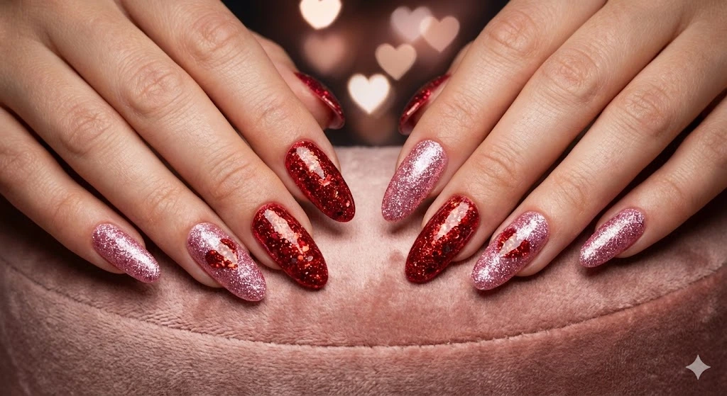 20 Nail Ideas for Valentine’s Day That Everyone Will Love 7 Glitter Valentine nails