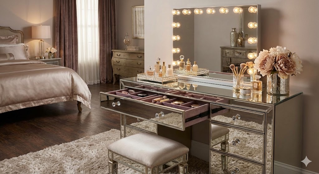 16 Gorgeous Makeup Vanity Ideas for Stylish & Organized Beauty Spaces 4 Luxury mirrored makeup vanity
