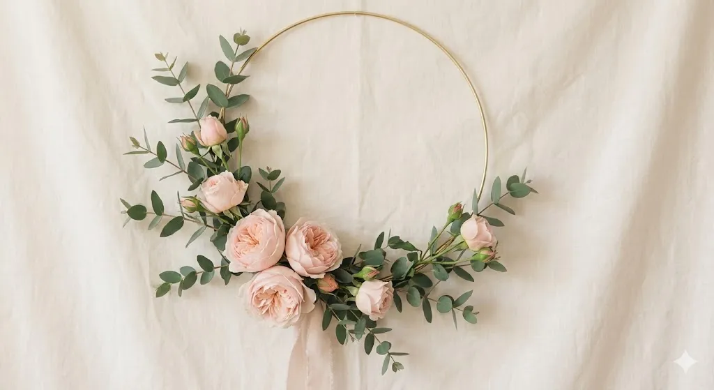 Minimal floral hoop wreath with pink rose