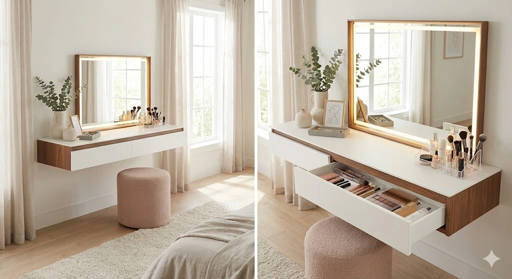 16 Gorgeous Makeup Vanity Ideas for Stylish & Organized Beauty Spaces 3 Modern floating wall mounted makeup vanity