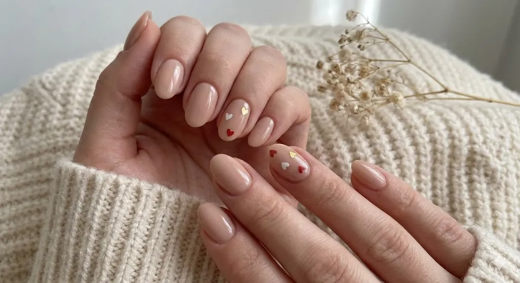 Nude Nails with Heart Stickers