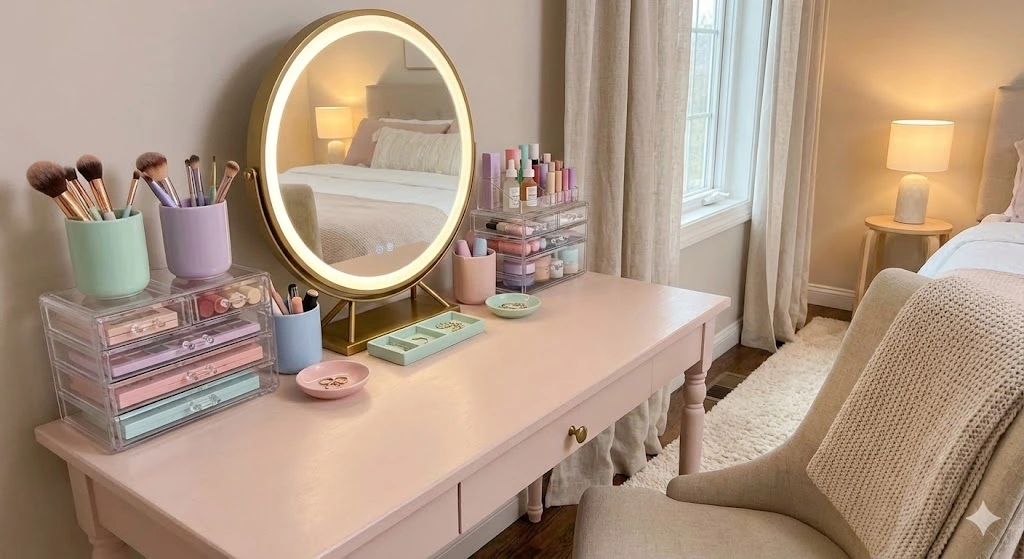 16 Gorgeous Makeup Vanity Ideas for Stylish & Organized Beauty Spaces 8 Pastel themed makeup vanity