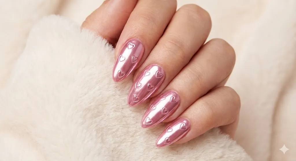 Pink Chrome Heart Nails 1
