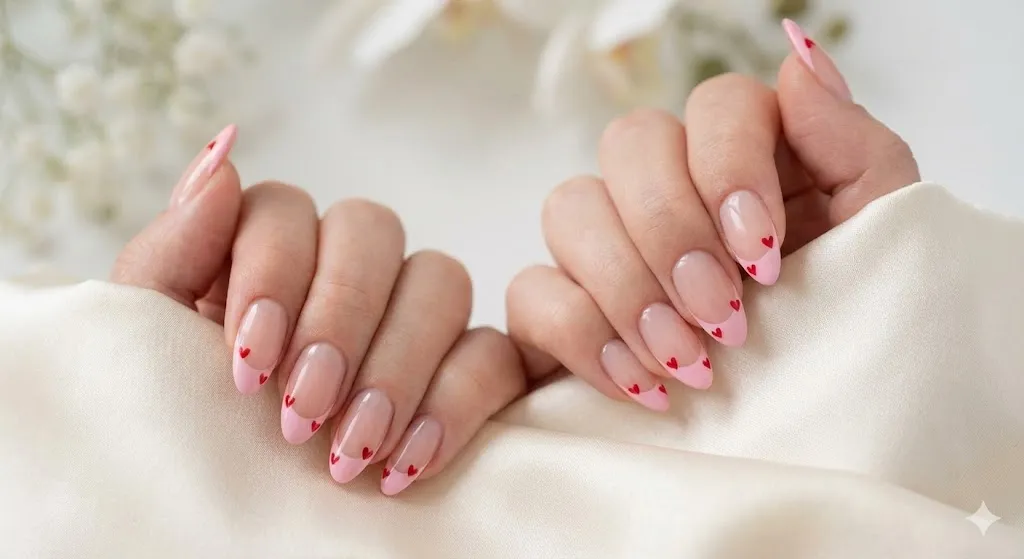 Pink French Tips with Tiny Hearts
