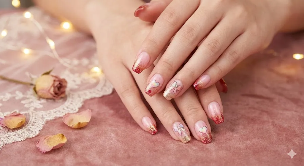 Pink ombre Valentine nails