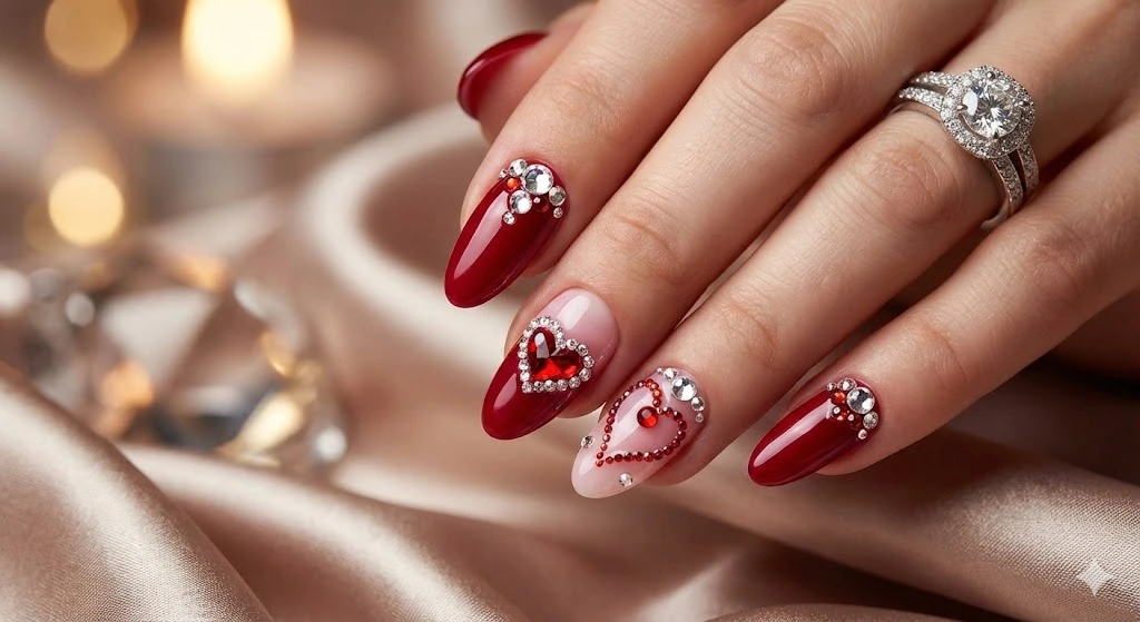 20 Nail Ideas for Valentine’s Day That Everyone Will Love 13 Rhinestone Valentine Nails
