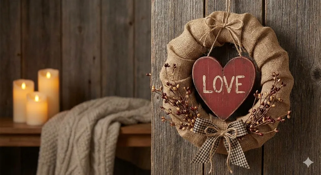 Rustic burlap wreath with red heart