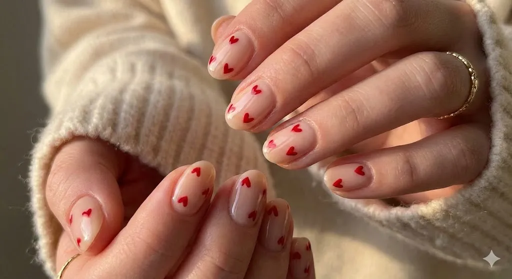 Valentine nail art with tiny red hearts