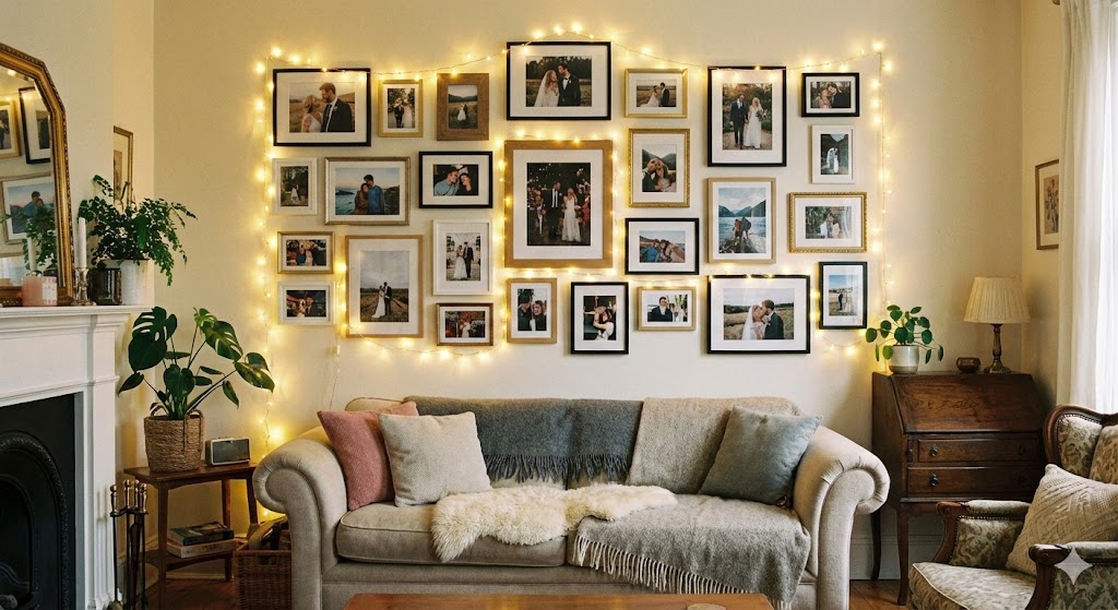17 Valentine’s Day Living Room Decor Ideas to Create a Romantic Home 16 Valentine photo wall with fairy lights