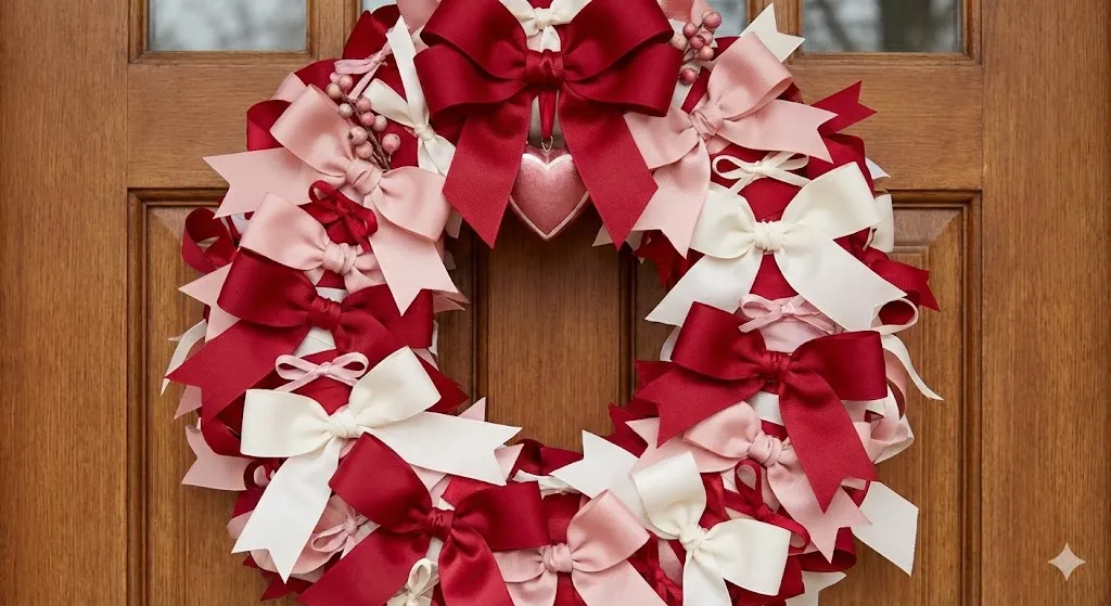 Valentine wreath made of red pink and white ribbons