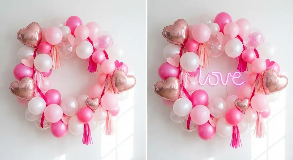 Valentines wreath made of pink and white balloons