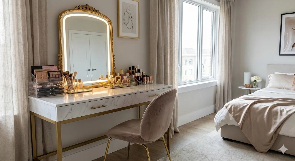 16 Gorgeous Makeup Vanity Ideas for Stylish & Organized Beauty Spaces 6 White marble top makeup vanity