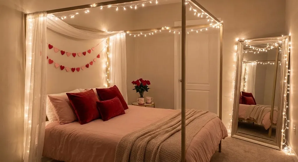 13 Iconic Valentine’s Day Mental Decor Ideas to Melt Hearts in 2026 5 bedroom decorated with soft warm fairy lights