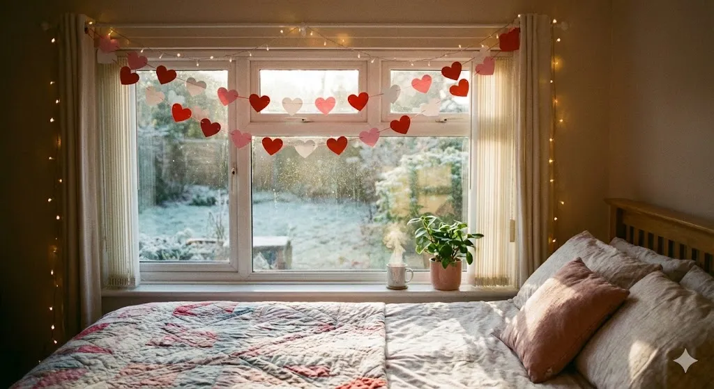13 Iconic Valentine’s Day Mental Decor Ideas to Melt Hearts in 2026 12 bedroom window decorated with heart garlands