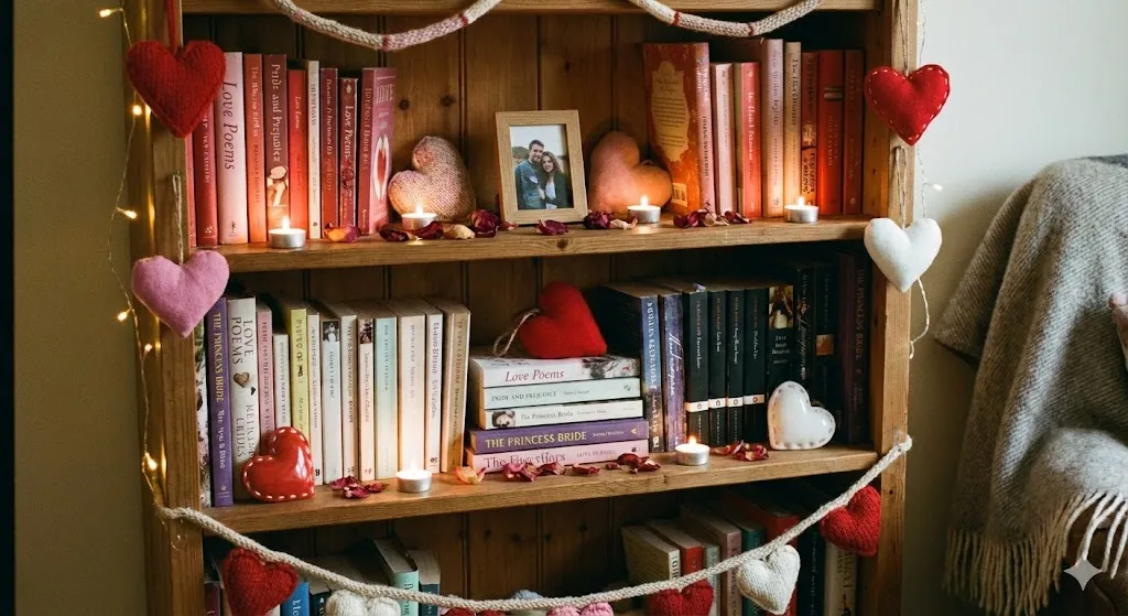 13 Iconic Valentine’s Day Mental Decor Ideas to Melt Hearts in 2026 13 bookshelf decorated with romantic books