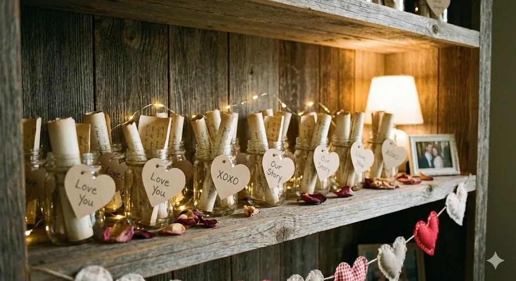 13 Iconic Valentine’s Day Mental Decor Ideas to Melt Hearts in 2026 6 jars filled with handwritten love notes