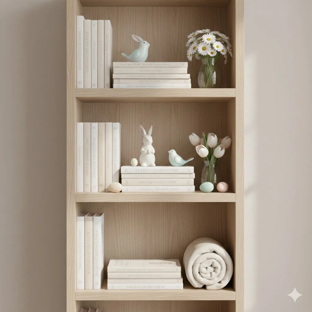 15 Budget-Friendly Easter Home Decor Ideas to Welcome Spring in Style 13 Bookshelf Spring Styling