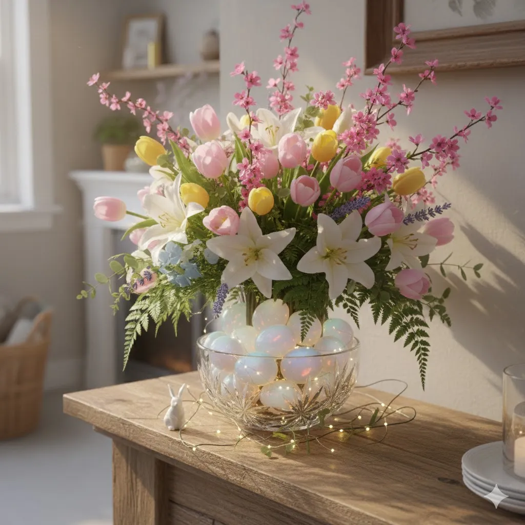 10 Magical Ways to Decorate Your Home with Opalite Easter Eggs 4 Combine with Flowers