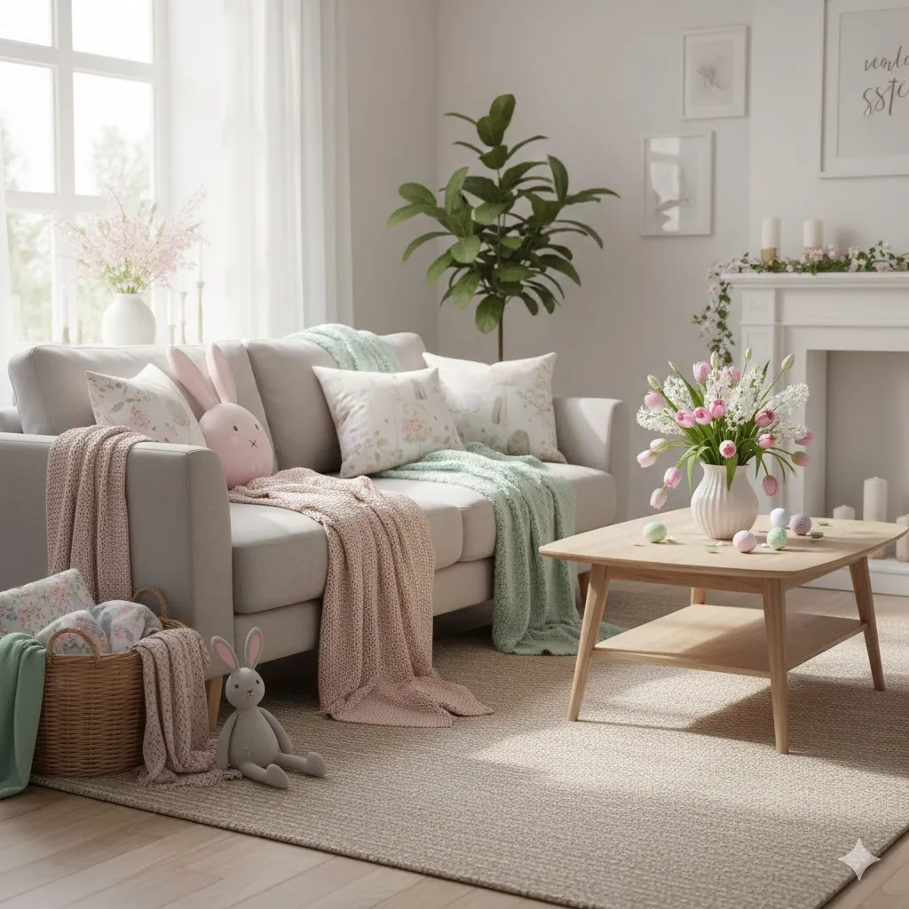 15 Easter Decor Ideas to Make Your Home Bright, Festive & Pinterest-Worthy 6 Cozy Easter Living Room Setup 1