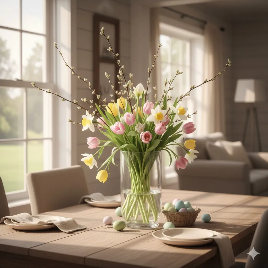 15 Budget-Friendly Easter Home Decor Ideas to Welcome Spring in Style 2 DIY Floral Centerpiece with Branches