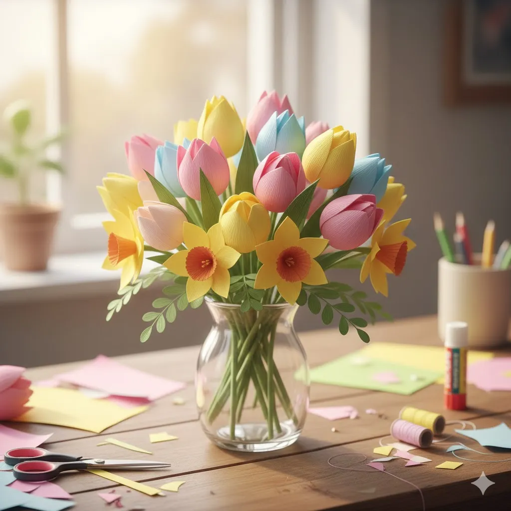 15 Budget-Friendly Easter Home Decor Ideas to Welcome Spring in Style 8 DIY Paper Flower Bouquet