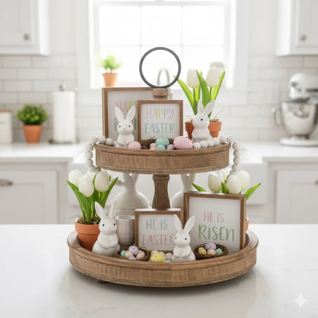 15 Easter Decor Ideas to Make Your Home Bright, Festive & Pinterest-Worthy 7 Easter Tiered Tray Decor 1