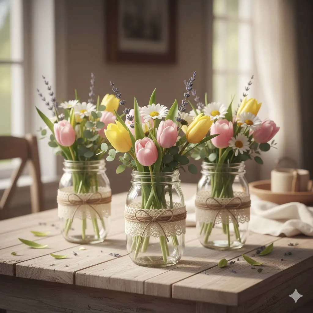 15 Budget-Friendly Easter Home Decor Ideas to Welcome Spring in Style 4 Mason Jar Rustic Vases