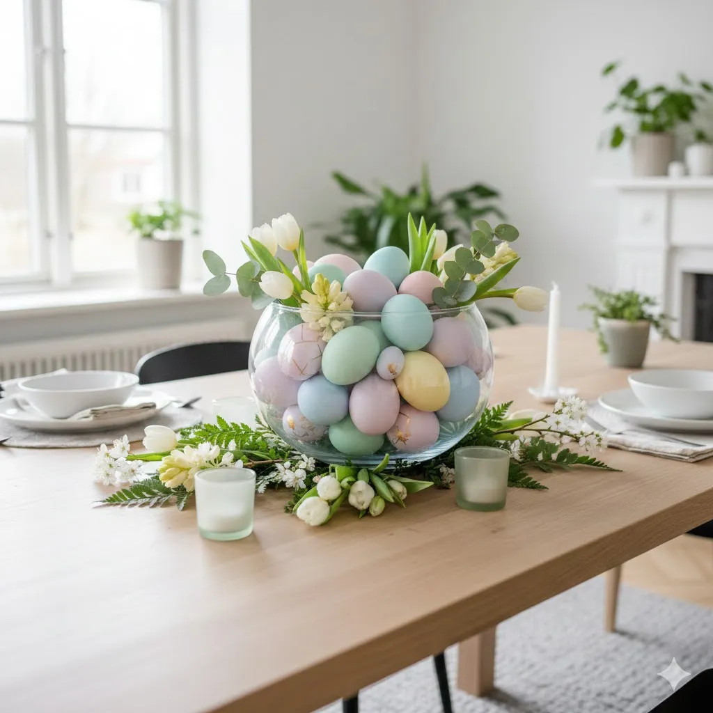 15 Easter Decor Ideas to Make Your Home Bright, Festive & Pinterest-Worthy 2 astel Easter Egg Centerpiece
