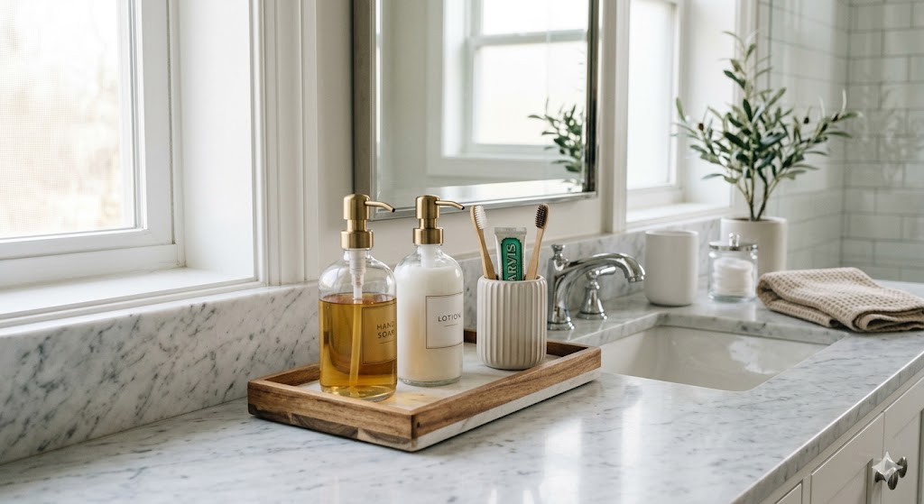 15 Creative Bathroom Countertop Accessories Ideas to Transform Your Vanity 2 Decorative Tray Setup