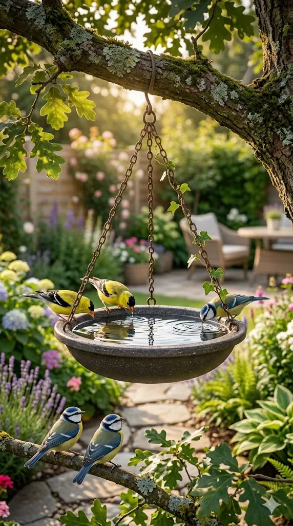 14 Charming Bird Bath Ideas for Landscaping | Garden Design Inspiration 5 Hanging Bird Bath