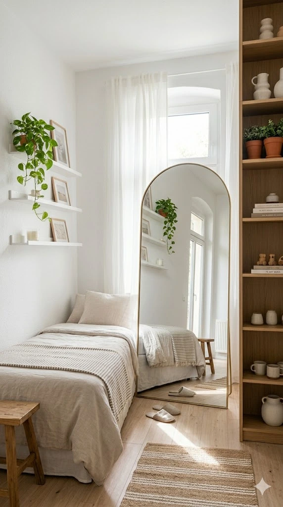 15 Aesthetic Small Bedroom Ideas: The Ultimate Guide to Cozy, Small-Space Living 4 Mirror Space Expansion Effect