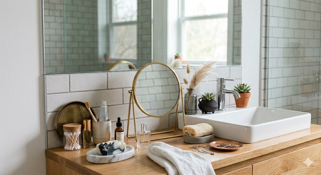 15 Creative Bathroom Countertop Accessories Ideas to Transform Your Vanity 12 Mixed Textures Setup