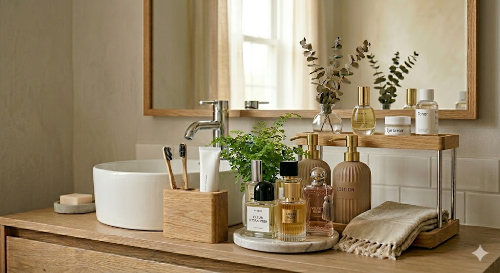 15 Creative Bathroom Countertop Accessories Ideas to Transform Your Vanity 11 Perfume Display