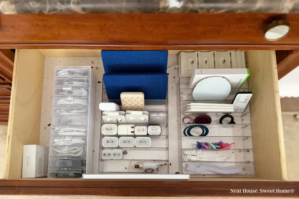 10 Clever Ways to Hide Chargers, Cables & Tech Clutter in Your Bedroom 7 cable drawer organization14