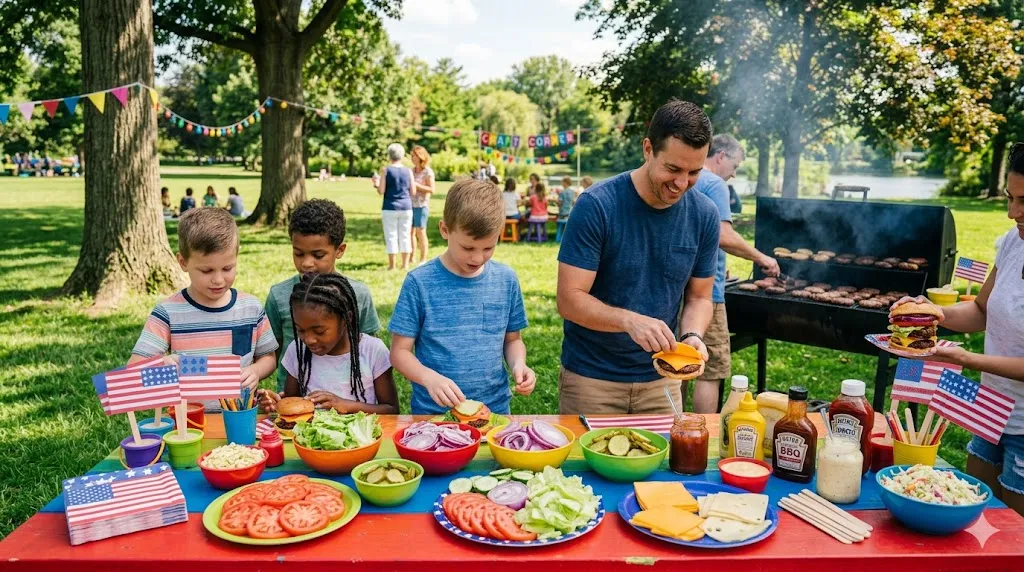 Burger station with toppings