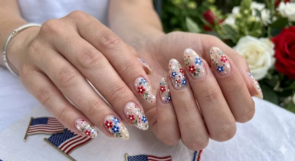 Floral patriotic nails