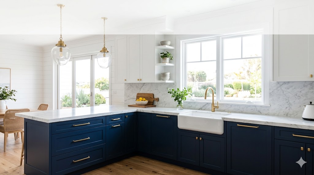 15 Two Tone Kitchen Cabinet Paint Ideas for a Stunning Kitchen Transformation in 2026 3 blue lower cabinets and crisp white upper cabinets