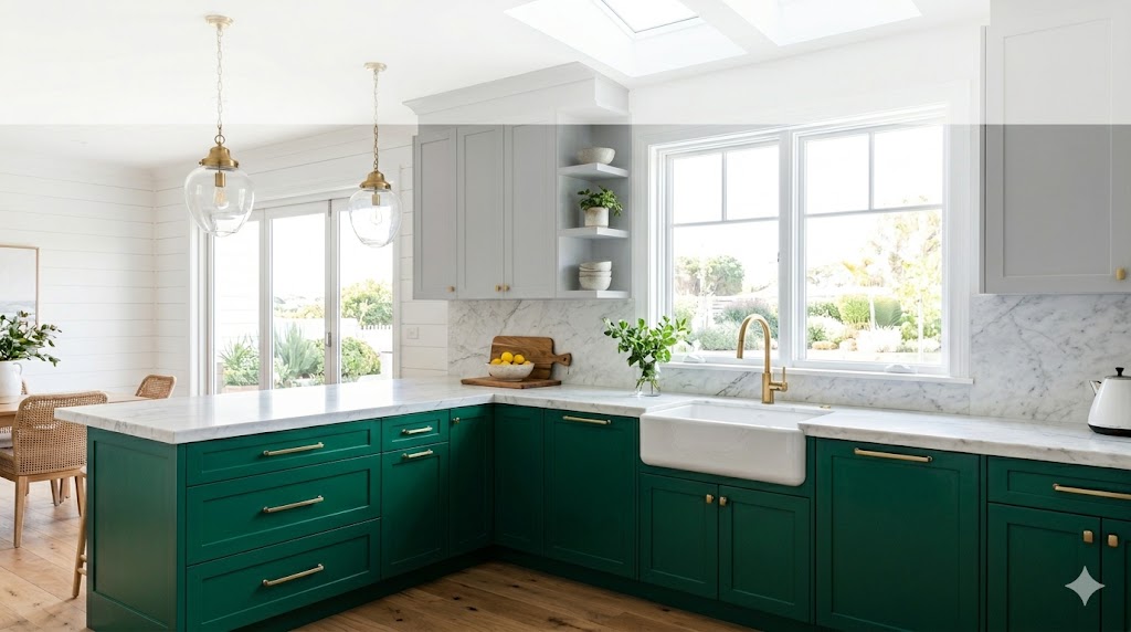 15 Two Tone Kitchen Cabinet Paint Ideas for a Stunning Kitchen Transformation in 2026 6 green lower cabinets