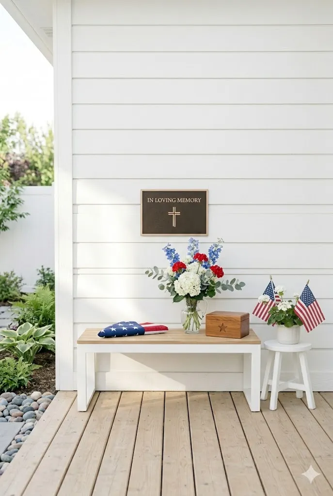 How to Decorate for Memorial Day Outside: 15 Patriotic Outdoor Ideas for a Memorable 2026 Celebration 13 memorial tribute corner with bench