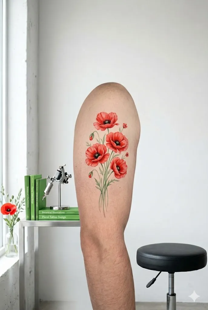 red poppy flower bouquet tattoo with black centers