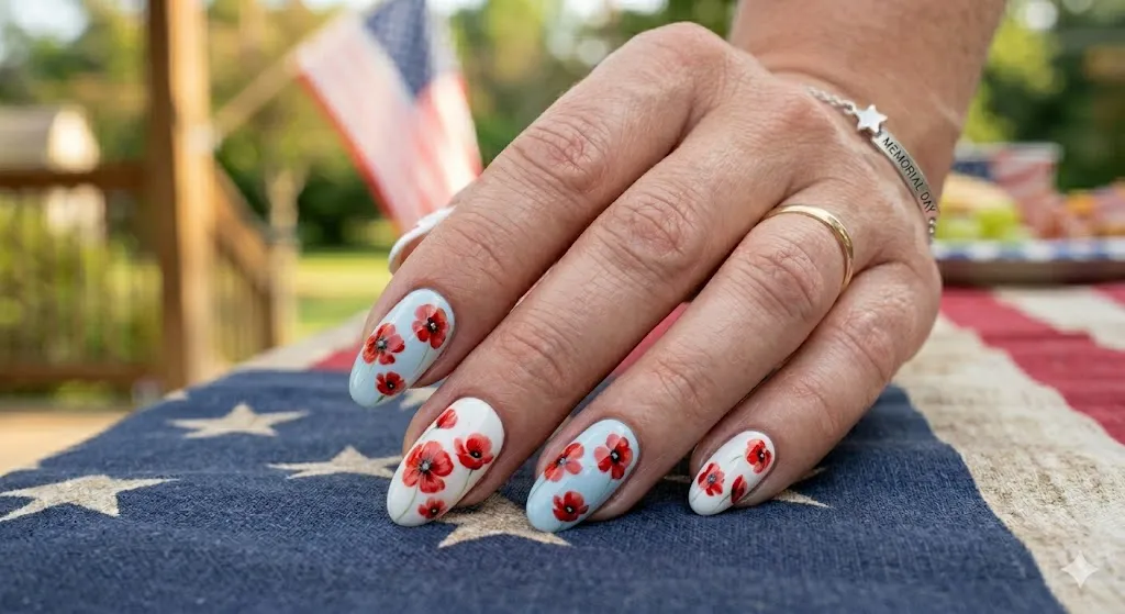 red poppy flower nail art
