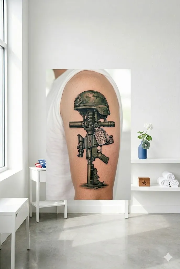 tattoo with helmet on rifle