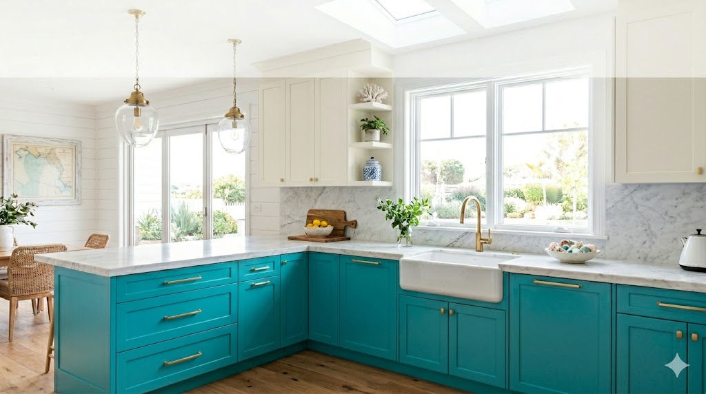 15 Two Tone Kitchen Cabinet Paint Ideas for a Stunning Kitchen Transformation in 2026 10 teal lower cabinets