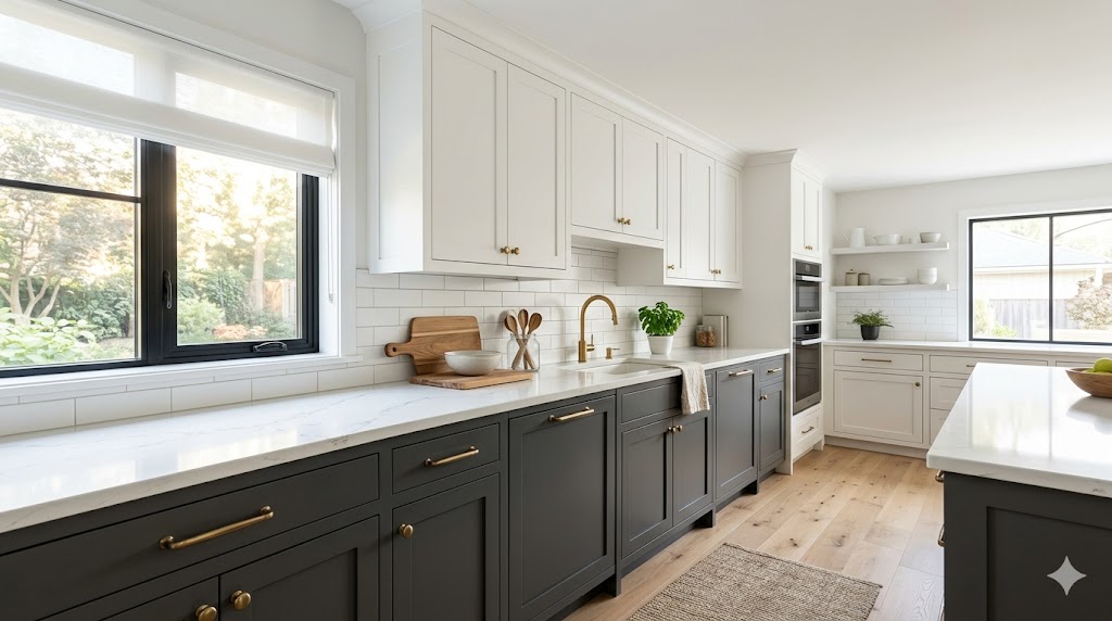 15 Two Tone Kitchen Cabinet Paint Ideas for a Stunning Kitchen Transformation in 2026 2 white upper cabinets and deep charcoa