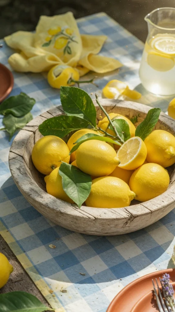 13 Stunning Summer Table Centerpieces to Brighten Your Gatherings 3 Bright yellow lemons and green leaves in rustic wooden bowl centerpiece