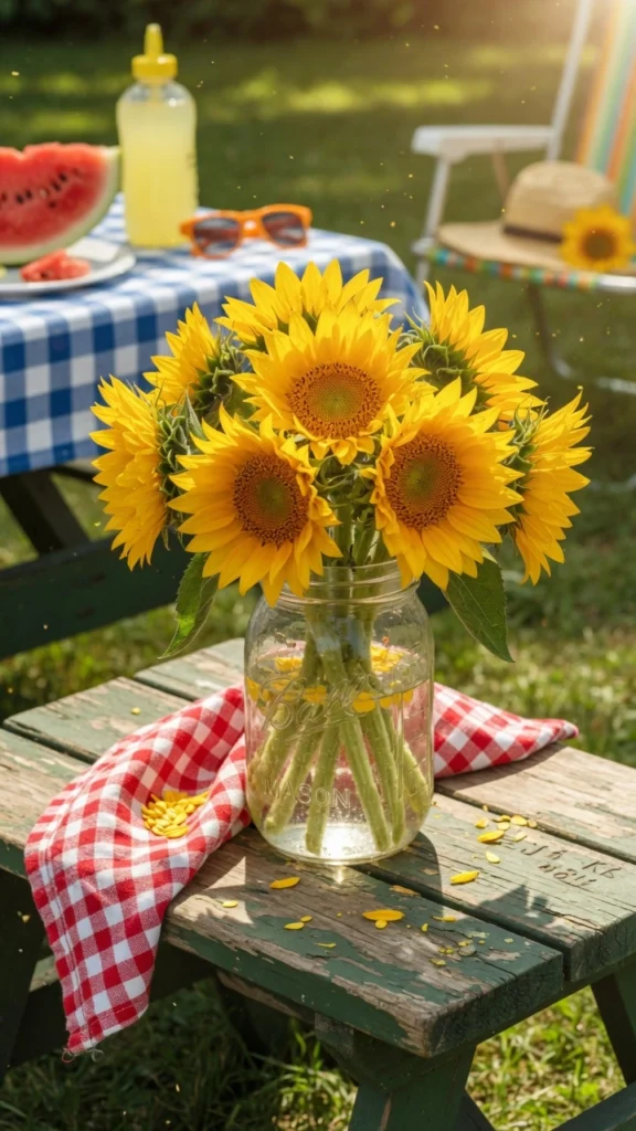 13 Stunning Summer Table Centerpieces to Brighten Your Gatherings 6 Cheerful yellow sunflowers in mason jar on picnic table