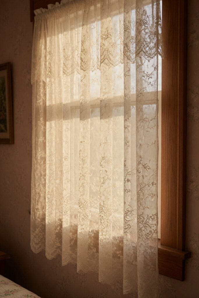 13 Vintage Grandma Bedroom Decor Ideas for a Warm & Nostalgic Home 4 Close up of vintage white lace curtains