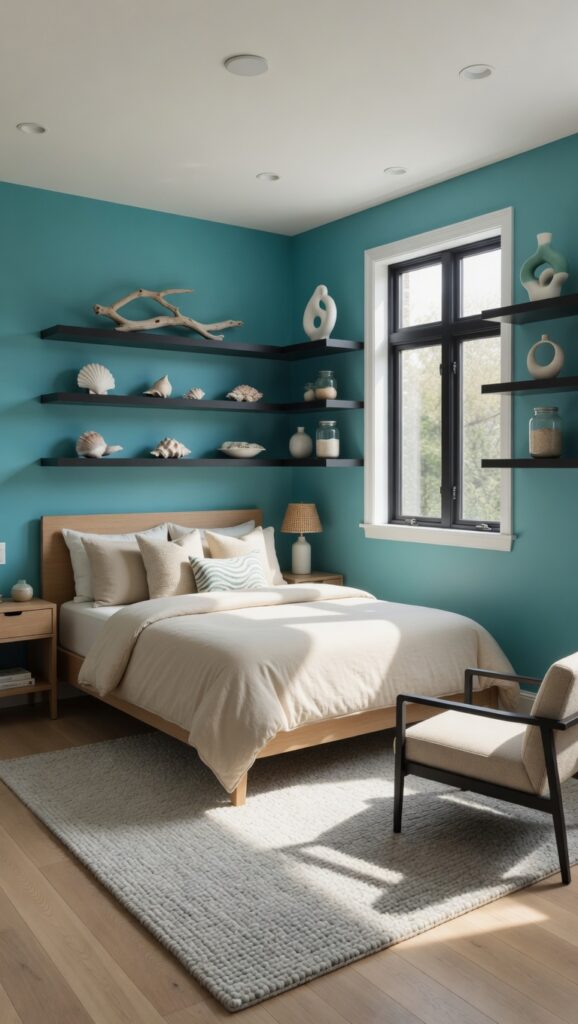 17 Room Color Schemes to Transform Your Home in 2026 12 Coastal bedroom with teal accent wall